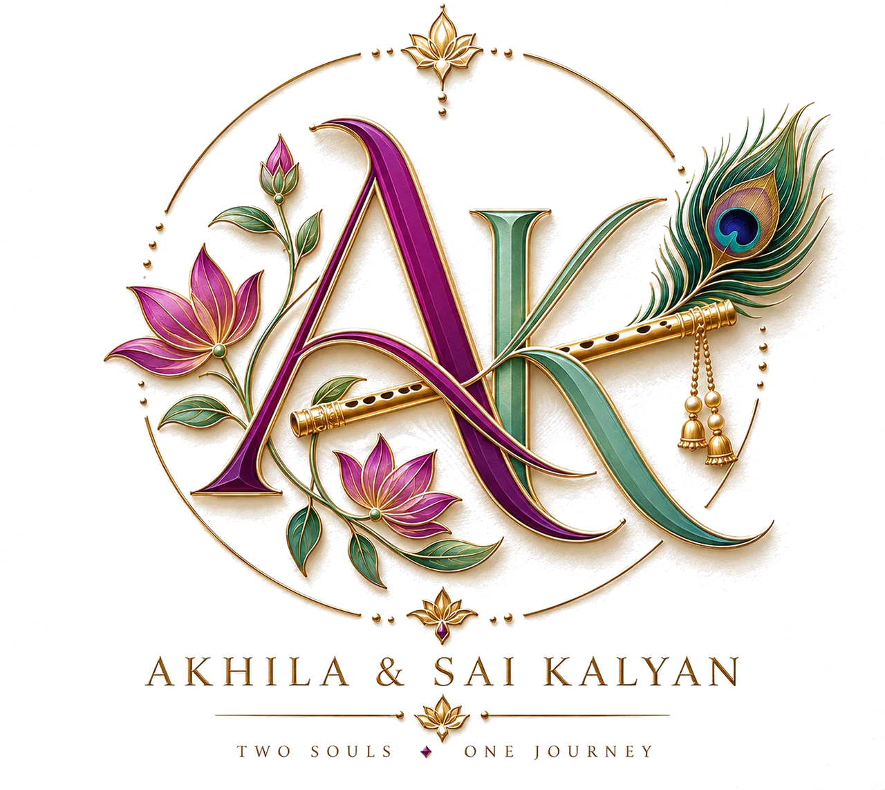 Akhila and Sai Kalyan — an A and a K entwined with a flute, a peacock feather and lotuses